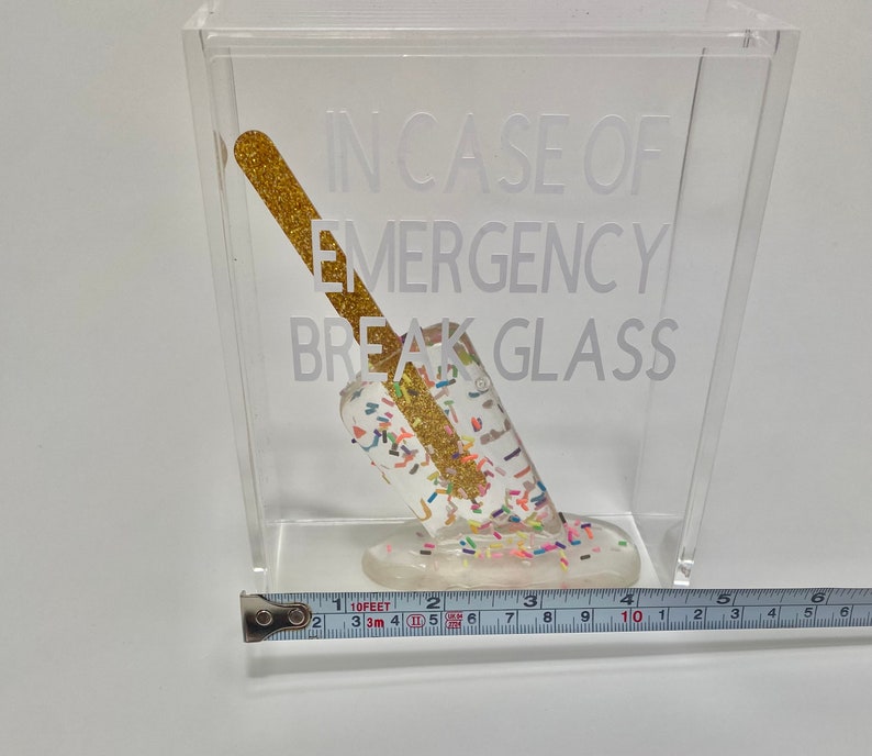 May include: A clear acrylic box containing a gold glitter-covered popsicle. The box has the text "IN CASE OF EMERGENCY BREAK GLASS" printed on the side.