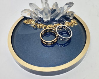 Crystal Agate Ring Dish Jewelry Holder, Epoxy Resin, Dark Navy