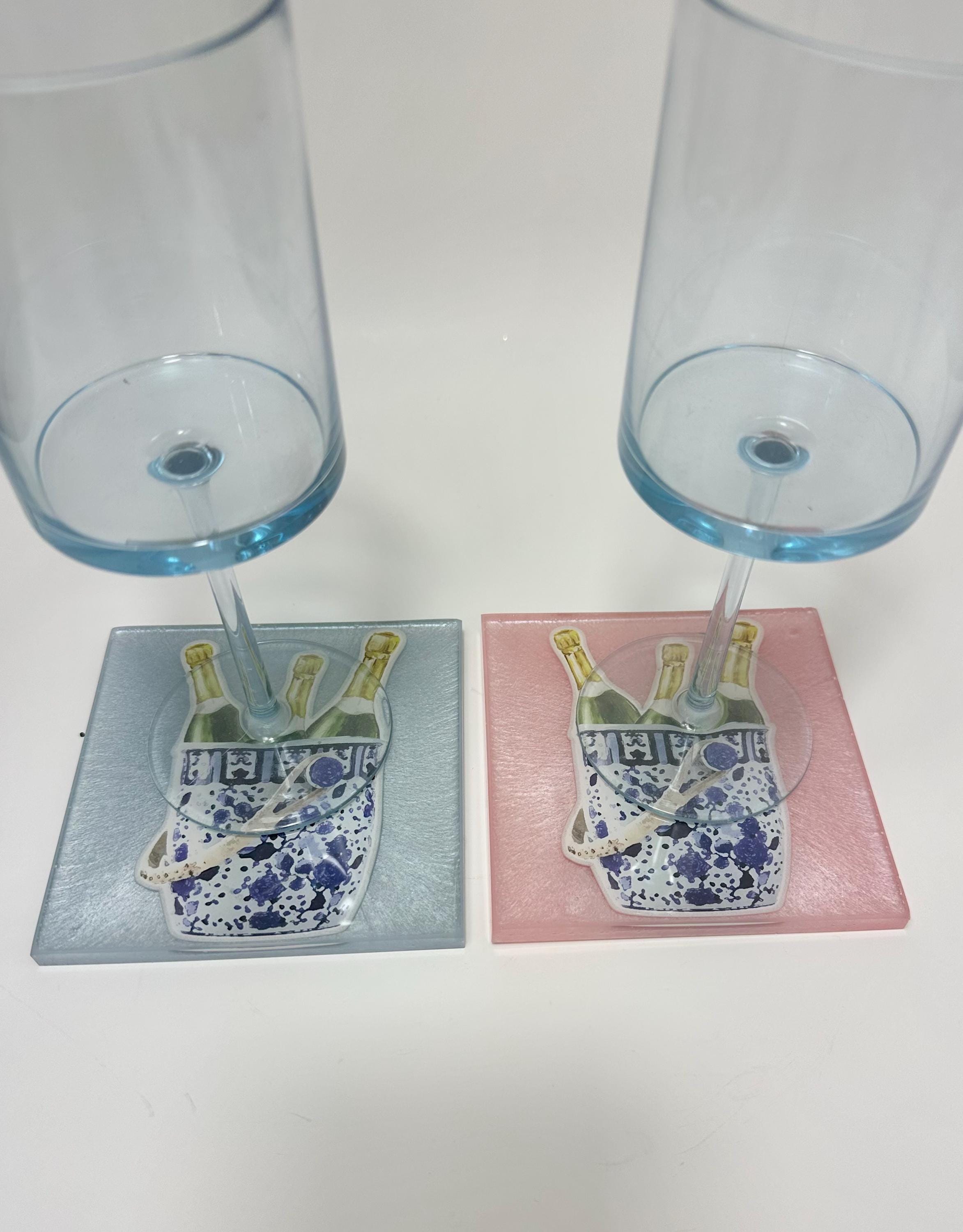 2 Chinoiserie champagne ice bucket blue pink and white resin coasters. Preppy Grand millennial style bar cart home defor. Champagne lovers