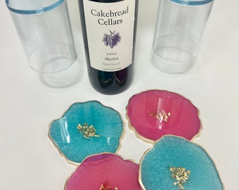 Resin coaster gift set, turquoise and magenta pink geode agate coaster set w wine butler, housewarming, bridal, realtor wine lover gifts