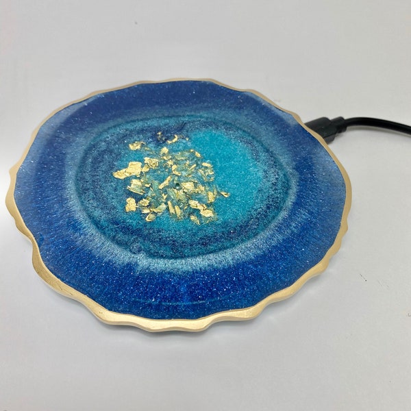 wireless charger pad, blue turquoise Geode resin. PHONE 8 and newer, Note and Pods, All colors available.