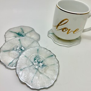 Resin coaster set, moonstone white & emerald green geode agate coaster set with silver accents. Great housewarming, realtor/teacher gifts