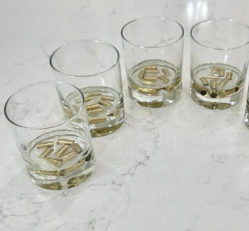 4 whiskey glasses w real brass shell bullet casings cast in resin. Great gift for hunters, whiskey lovers. Unique gift for dad, husband image 1