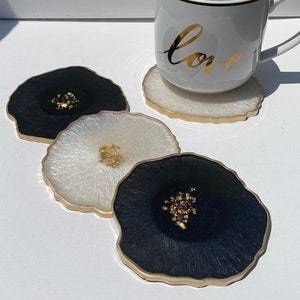 Resin coaster set Black and white Geode Agate Resin Coasters- Moonstone white w gold accents, great housewarming, realtor bridal gifts