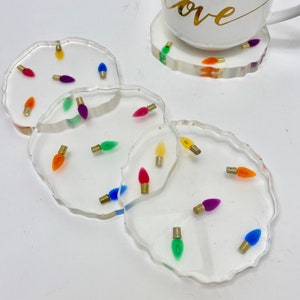Christmas coasters, 3D Christmas lights in resin coaster set with modern CLEAR edges. Great hostess gift