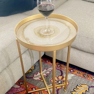 Luxury minimal cocktail accent martini drink table, gold &  white geode resin removable tray top. All colors resin available.