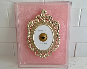 Custom 3d press for champagne resin kitchen wall art, bar cart decor. Minimal acrylic frame 7x9 w pearl pink background. Does not ring.