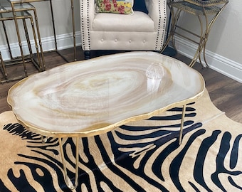 Luxury Resin geode coffee table, white and gold decorative table with gold hairpin legs. Custom colors available. Approx 40”x25”x 17+” high.