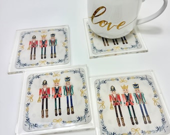 Traditional holiday Christmas nutcracker resin coasters. Grand millennial minimal tabletop home decor. Great hostess gift for collectors