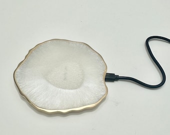 wireless charger pad, Moonstone white  gold Geode resin. PHONE 8 and newer. Note and Pods, All colors avail