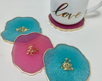 Pink magenta and turquoise Resin geode agate Coasters Set, gold accents. Fun unique bright minimal home decor.  hostess teacher grad gifts.