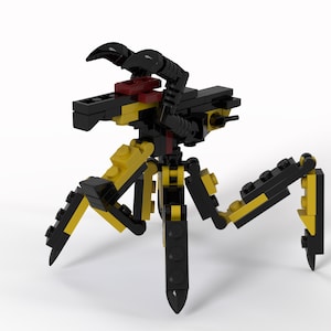 Puede incluir: Un robot de juguete articulado negro y amarillo con detalles rojos. El robot tiene seis patas y una cabeza con un apéndice en forma de garra.