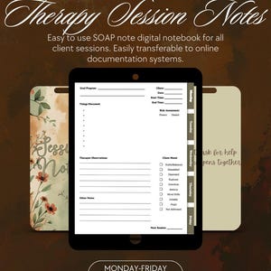 May include: A digital therapy session notes notebook on a tablet. The notebook has a white background with sections for goal progress, things discussed, and client mood. The text "Therapy Session Notes" is at the top. The notebook is designed for SOAP notes.