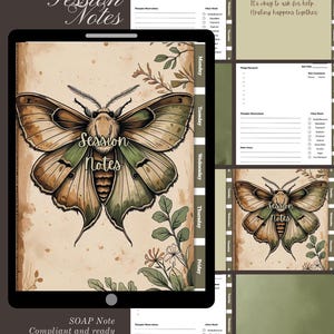 May include: A digital therapy session notebook with a butterfly design. The notebook features a large butterfly illustration in shades of brown and green, with the words "Session Notes" on its wings. The notebook also includes daily and SOAP note templates.