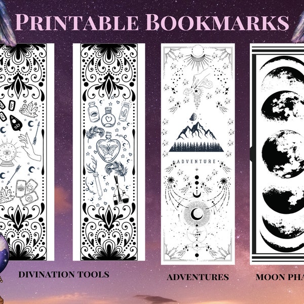 4 divining tools, adventure and mountains, moon phases, black and white, great for hot foiling Printable, downloadable Bookmarks