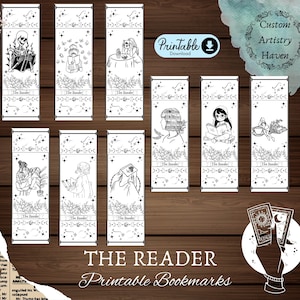 May include: Printable bookmarks featuring black and white illustrations of various readers, including a skeleton, a woman with a book, and a woman with a cup of tea. The bookmarks are designed with a celestial theme and include the text "The Reader" and "Printable Bookmarks".