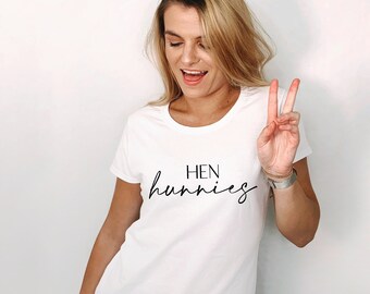 Hen Hunnies - Stylish and Fun, Customisable White Cotton Bridal T-shirts. Wedding Day, Hen Party & Honeymoon Perfect!