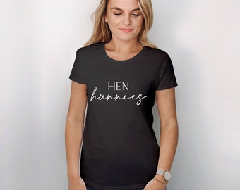 Hen Hunnies BLACK - Stylish and Fun, Customisable Black Cotton Bridal T-shirts. Wedding Day, Hen Party & Honeymoon Perfect!