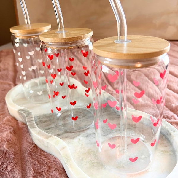 Glass Cup, Glass Cup Lid Straw, Valentines Gift, Galentines Gift, Glass Cup with Hearts, Cute Glass Cup, Iced Coffee Cup, Pretty Glass Cup