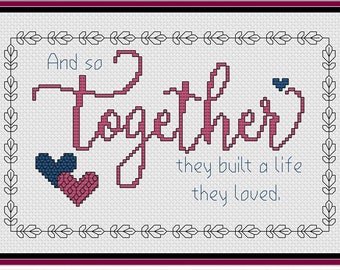 TOGETHER THEY BUILT a Life They Loved - Blackwork & Cross Stitch Blend - Pdf Digital Pattern - Heart, Romantic, Wedding