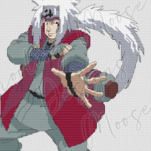 Könnte beinhalten: Gerahmte Kreuzstichkunst mit einer Figur in dynamischer Pose. Die Figur trägt ein rotes und graues Outfit, mit stacheligen weißen Haaren und einem langen weißen Schwanz. Das Kunstwerk ist vor einem hellgrauen Hintergrund.