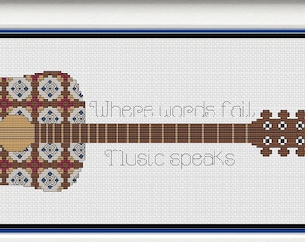 WHERE WORDS FAIL, Music Speaks - Blackwork & Cross Stitch Blend - Pdf Digital Pattern - Guitar, Notes, Sound