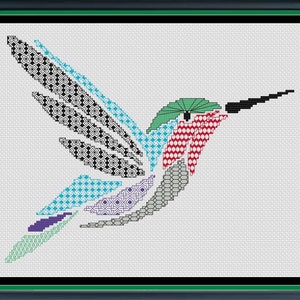 May include: A colorful cross-stitch pattern of a hummingbird with a green head, red chest, and blue and green wings.