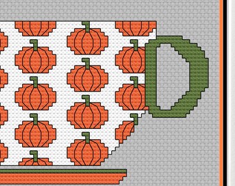 Pumpkin Mug Cross Stitch Pattern PDF, Cozy Fall Decor, Blackwork Autumn Design, Coffee Lover Gift, Hygge Kitchen Art, Instant Download