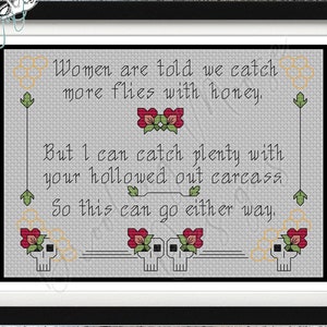 YOUR HOLLOWED CARCASS | Cross-stitch Pattern | blackwork, skulls, death, morbid, floral, honey, honeycomb, flies, quotes, 5x7