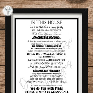 May include: Black and white printable wall art with a quote about family, travel, and adventure. The quote reads "In this house we know that Ohana means family. We live long and prosper. We do Once Upon a Time in Galaxies Far Far Away... We only do geek."