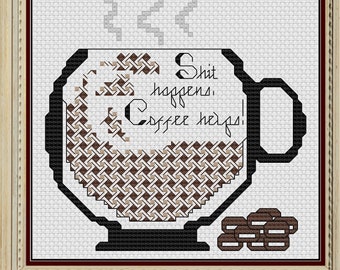 SHIT HAPPENS COFFEE Helps! - Blackwork & Cross Stitch Blend - Pdf Digital Pattern - Beans, Snarky Quote