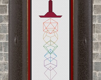 DICE SWORD - Blackwork & Cross Stitch Blend - PDF Digital Pattern - Role-play Dungeons and Dragons Wizard Tabletop Game