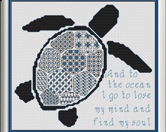 TO The OCEAN I GO To Lose My Mind And Find My Soul - Blackwork & Cross Stitch Blend - Pdf Digital Pattern - Sea Turtle, Animal, Water, Quote