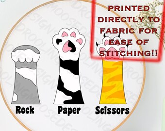 PRINTED | CAT: Rock, Paper, Scissors | Hand Embroidery template printed on fabric | outline, pussy, tabby, feline, game, claws | 6"
