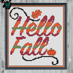 HELLO FALL - Blackwork & Cross Stitch Blend - Pdf Digital Pattern - Fall, Harvest, Pioneer, Pumpkin, Leaves, September