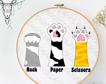 Cat: ROCK, PAPER, SCISSORS | hand embroidery template | 6 inches, toe beans, claws, pussy, feline, game, animal, heart, digital pattern, pdf