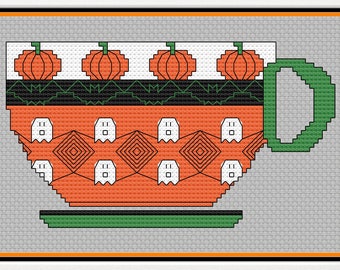 HALLOWEEN FALL MUG - Blackwork & Cross Stitch Blend - Pdf Digital Pattern - Pumpkin, Webs, Ghosts, Tea, Coffee