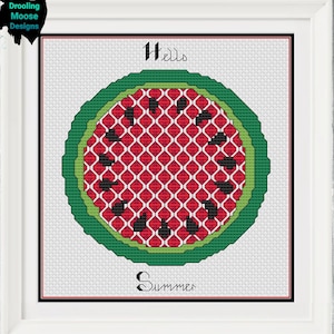 May include: Cross stitch pattern featuring a watermelon slice with the words "Hello Summer" above and below the fruit.