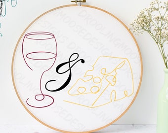 WINE & CHEESE | 6 inch embroidery pdf digital pattern template | food, eating, fancy, drinks, alcohol