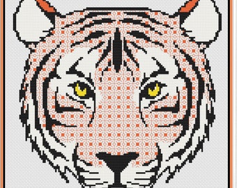 CARA DE TIGRE - Combinación de bordado en negro y punto de cruz - Patrón digital en PDF - Animal de la selva naranja