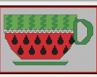 WATERMELON MUG - Blackwork & Cross Stitch Blend - Pdf Digital Pattern - 4th of July, Summer, Coffee, Picnic