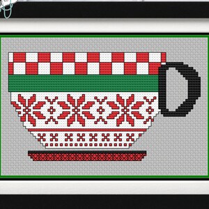 May include: A cross-stitch pattern of a red and white checkered mug with a green band and a snowflake design. The mug has a black handle and is sitting on a red saucer.