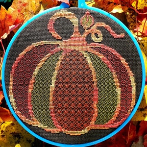 HARVEST PUMPKIN - Blackwork & Cross Stitch Blend - Pdf Digital Pattern - Autumn, Fall, Orange