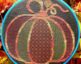 HARVEST PUMPKIN - Blackwork & Cross Stitch Blend - Pdf Digital Pattern - Autumn, Fall, Orange