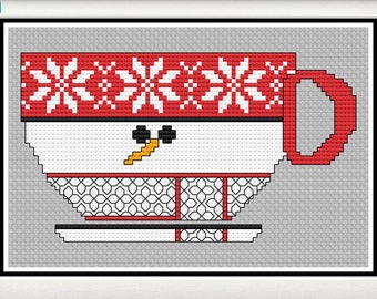 SNOWMAN MUG - Blackwork & Cross Stitch Blend - Pdf Digital Pattern - Winter Wonderland, Cup, Coffee, Tea, Snow, Cold