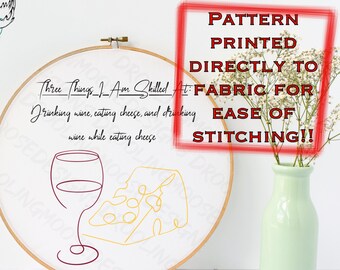 PRINTED | WINE & CHEESE Skills | Embroidery template printed on fabric | wine, cheese, skills, eating, food, drinks | 6"