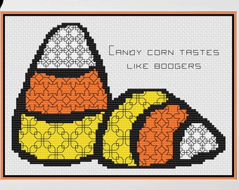 CANDY CORN - Blackwork & Cross Stitch Blend - PDF Digital Pattern - Halloween Candy Quote