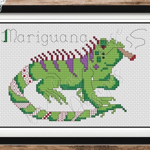 May include: Cross-stitch pattern featuring a green iguana with a red and white striped tail, smoking a cigarette. The text "Marijuana" is written in green above the iguana.