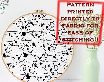 PRINTED | SLEEPY PUPPIES | hand embroidery template pattern printed on fabric | dogs, hearts, sleeping, cute, cartoon | 6"