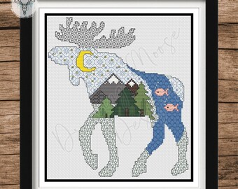 MOOSE WOODLAND SCENE - Blackwork & Cross Stitch Blend - Pdf Digital Pattern
